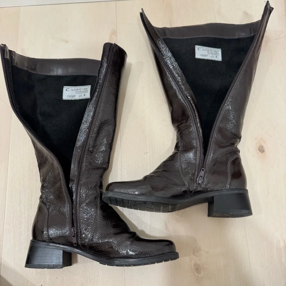La CANADIENNE Laney Knee Boots Women's 6.5 Patent Dark Brown Waterproof Leather